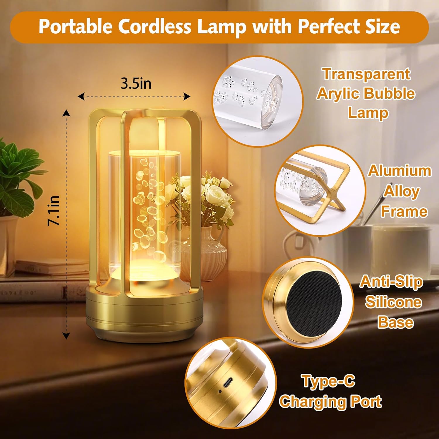 Portable Table Lamp for Outdoor Indoor: Cordless Rechargeable Desk Lamp with 3 Color Stepless Dimmable - Metal Battery Operated Lantern Light for Bedroom/Bar/Coffee Shop/Camping (Gold (Bubble))