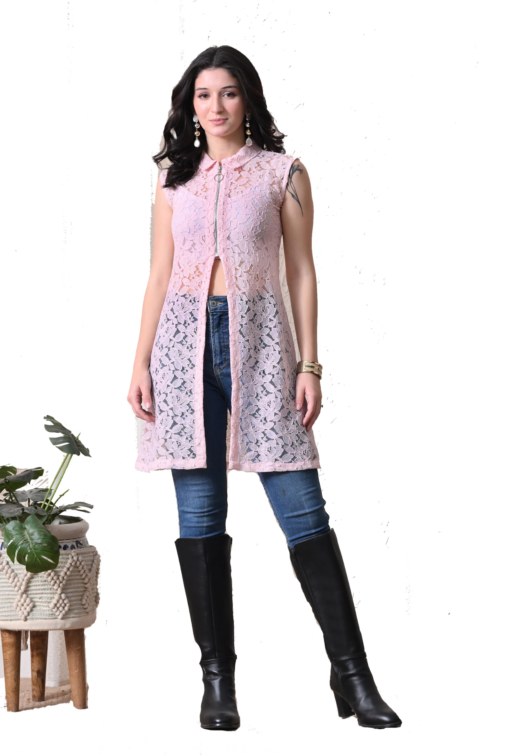 Women Long Lace Parttern Shrug with Front Zipper Closure-picture-14