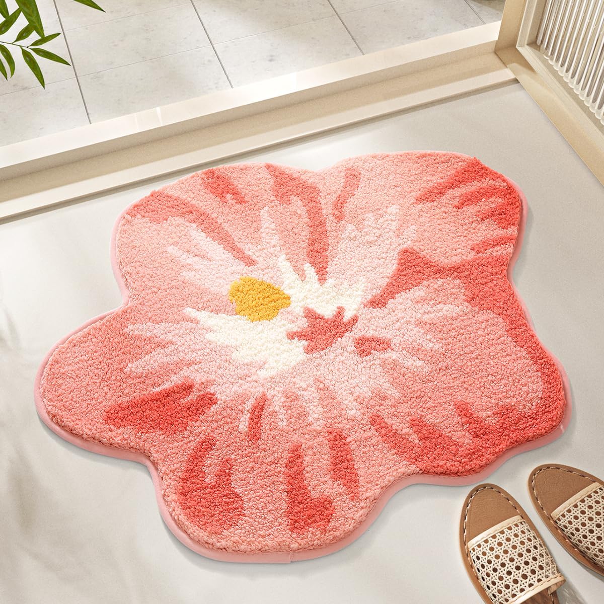Ankah Plants Collection Bath Mat, Unique Natural Plant and Flower Shapes Design Bathroom Rug, Ultra Soft Microfibre, Medium-Pile, Durable, Non-Slip, Quick Dry, Machine Wash, 23.6"x 27.6", Hibiscus