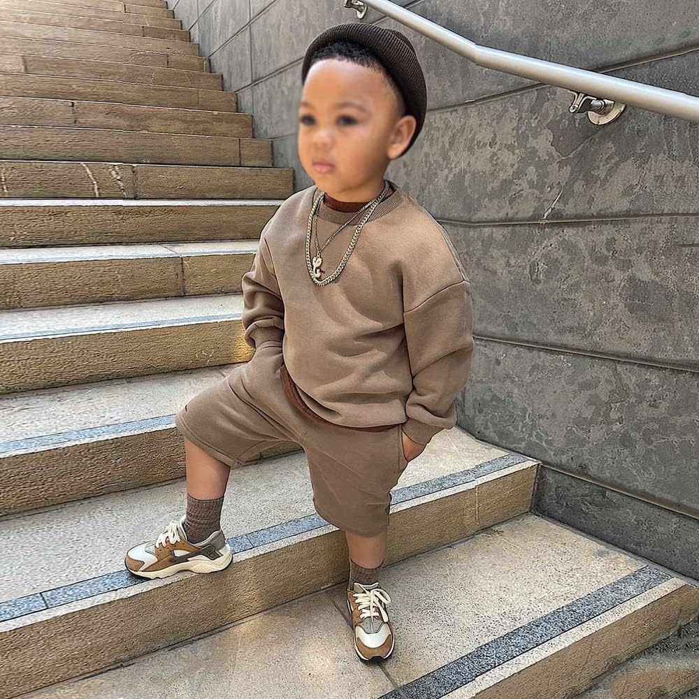 MYGBCPJS Boys Girls 2 Pcs Thick Fleece Sweat Suit Kids Long Sleeve Pullover Sweatshirt + Elastic Waist Shorts Pockets Set