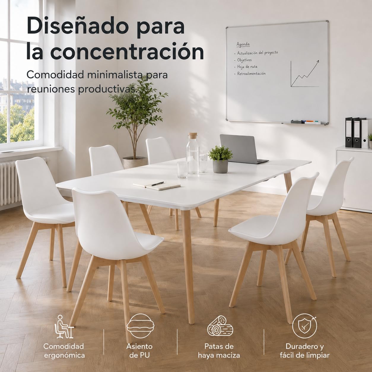EGGREE Pack de 4 Sillas de Comedor Sillas Cocina Nórdico con Asiento Tapizado y Las piernas de Madera de Haya Maciza, Blanco
