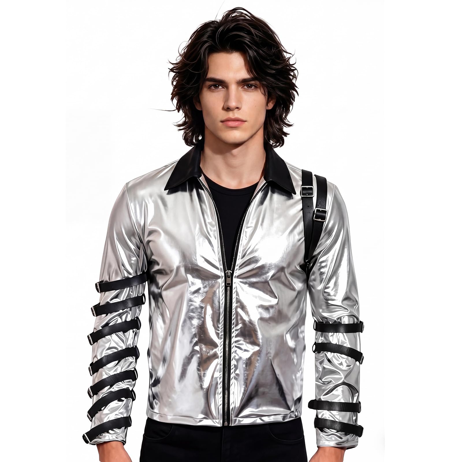 Koongso Pop King MJ Costume for Adults, Rockstar 80s Bad Concert Tour Silver Metallic Jacket, Men Punk Belted Outfits for Stage Cosplay Party (Silver, M)