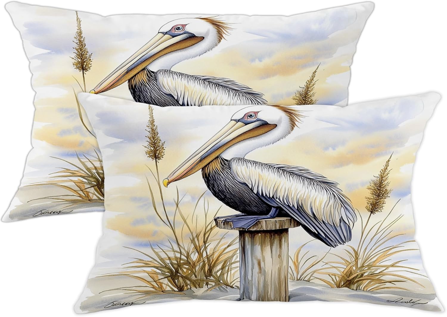 Coastal Pelican Throw Pillow Covers Set of 2, Beige and Blue Bird Art Cushion Cases, Nautical Decorative Square Farmhouse Decor for Home Sofa Bed Couch 26x26 Inch
