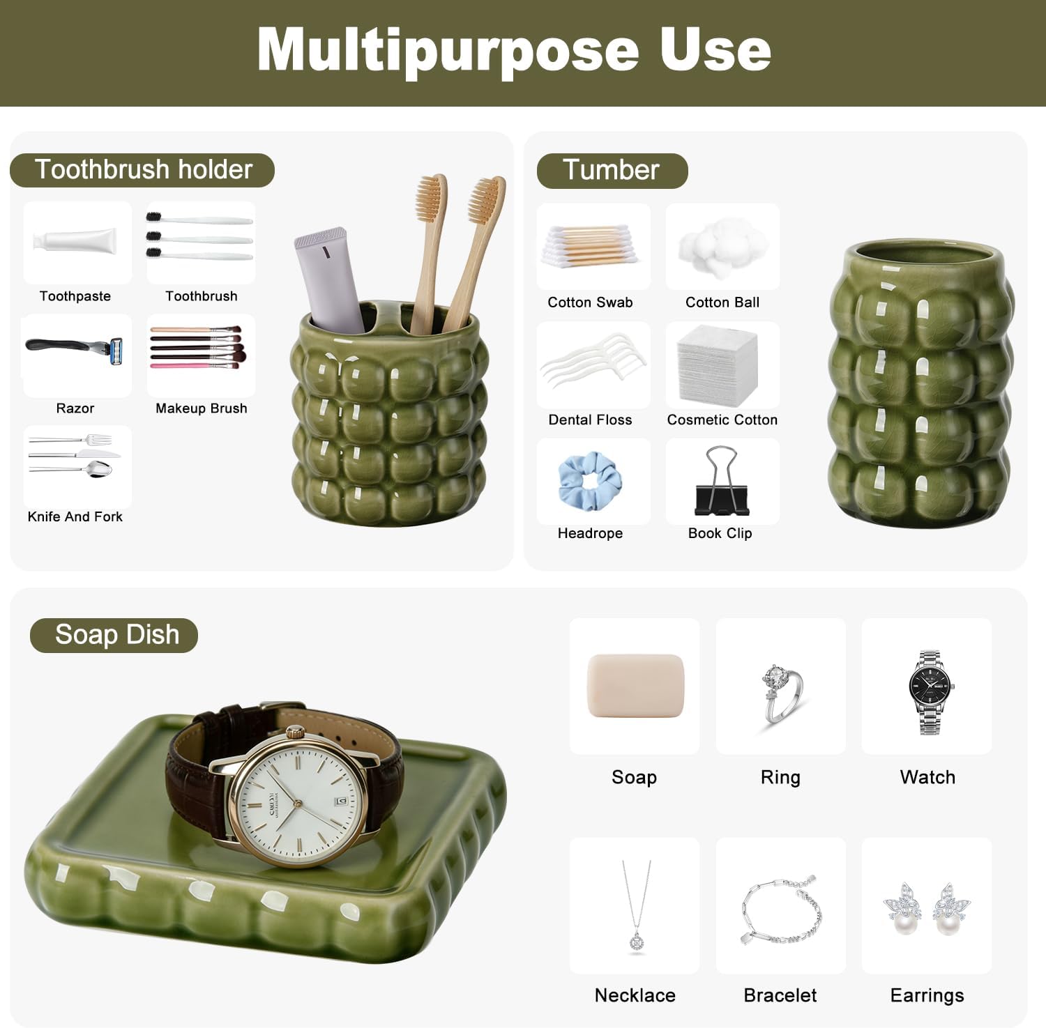 4 Piece Ceramic Bathroom Accessories Set –Soap Dispenser,Toothbrush Holder,Tumbler & Soap Dish,Includes Silicone Funnel,Non-Slip,Modern Farmhouse Countertop Organizer Set for Bathroom Decor, Green