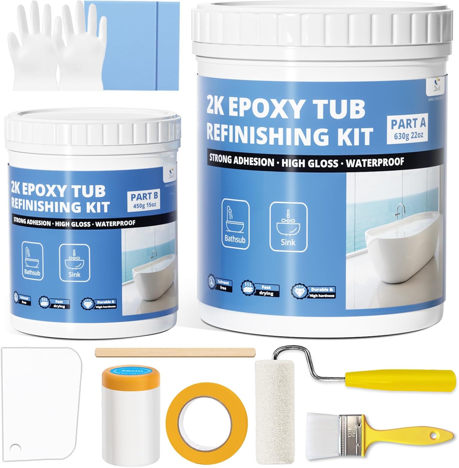 DWIL Tub and Tile Refinishing-2K Epoxy Tub Refinishing kit, Waterproof, Quick-Dry, Non-Yellowing Application for Bathtubs, Tiles, and Sinks etc. with Tools High Gloss White, 80-90sq.ft