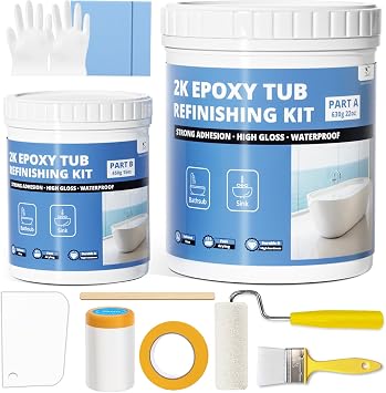 DWIL Tub and Tile Refinishing-2K Epoxy Tub Refinishing kit, Waterproof, Quick-Dry, Non-Yellowing Application for Bathtubs, Tiles, and Sinks etc. with Tools High Gloss White, 80-90sq.ft