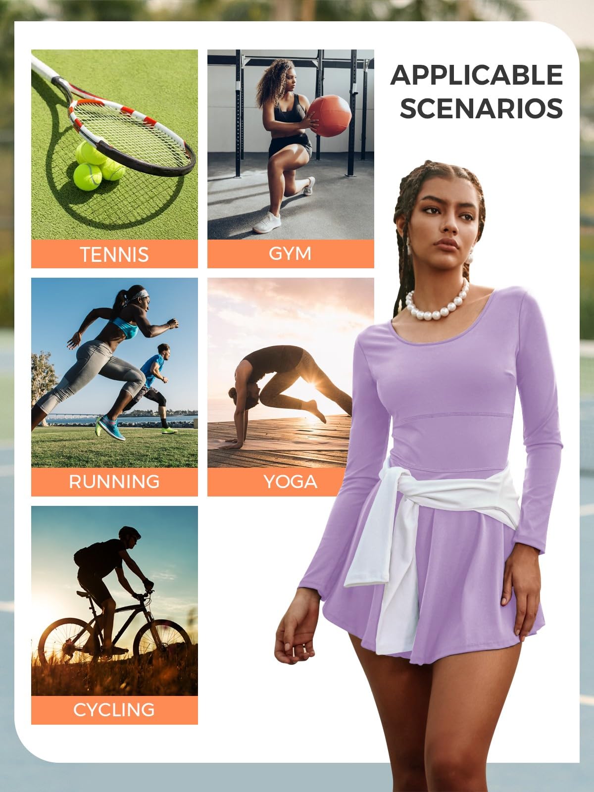 Fisoew Vestido deportivo 2 en 1 para mujer, de manga larga, para entrenamiento, con pantalones cortos integrados