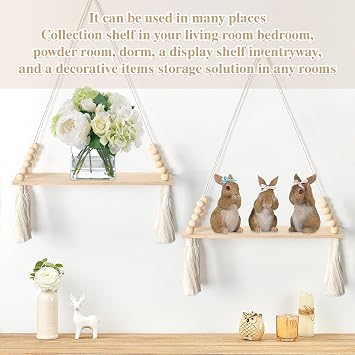 Dremisland Macrame Hanging Shelves Boho Wall Decor Set of 2 Rustic Wood Floating Storage Shelf Tassel Display Floating Shelves Wooden Storage Kitchen Wall Decor for Bedroom Living Room Nursery