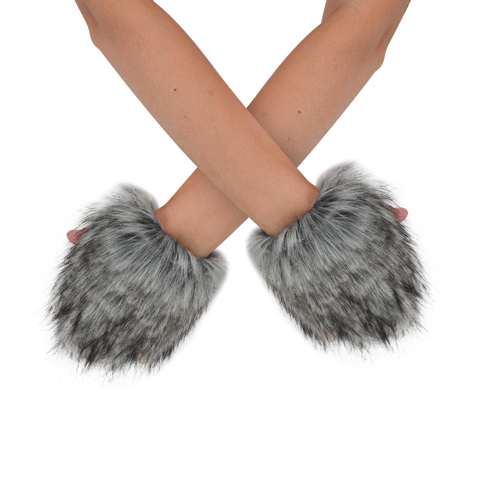 TINAYAUE Furry Paw Gloves Wolf Ears Hat Grey Werewolf Costume for Adult Kids Cute Halloween Animal Cosplay Accessories Plush Warm Hat Fingerless Wolf Claws Gloves (Grey Wolf Paw Gloves - Image 2