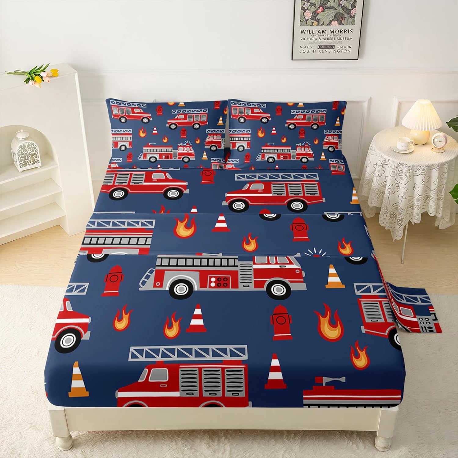 QOOMO Fire Truck Sheet Set,Cars Kids Bed Sheets,Truck 16" Deep Pocket Bed Sheet Set for Boys/Girls/Kids/Teens,4 Piece Sheet Set, 1 Fitted Sheet,1 Flat Sheet and 2 Pillowcases,Full Size