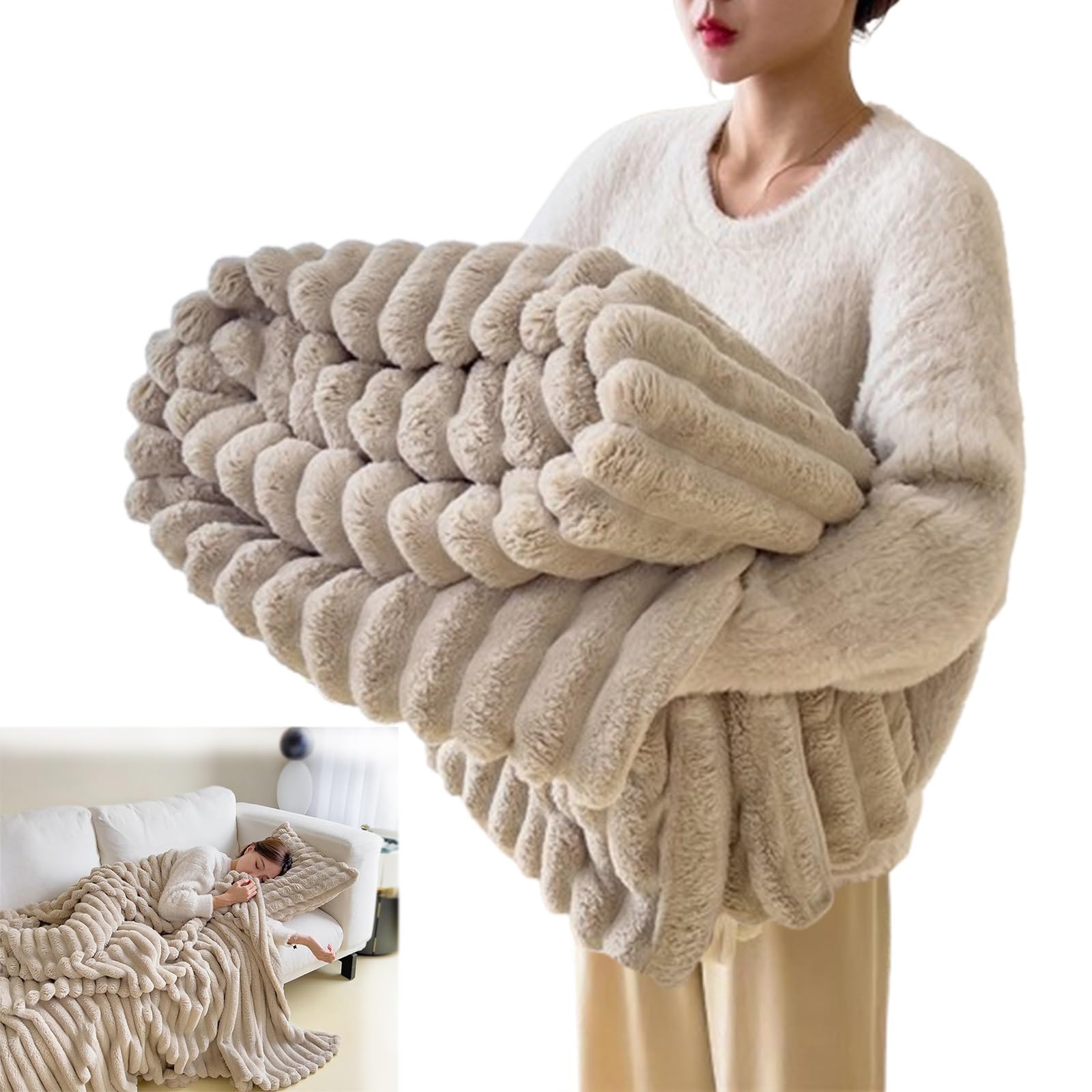 Mantas para Cama,Manta de Franela para Cama Mantas para Cama Invierno Gordas Manta para Sofá Suave CáLida Transpirable de Invierno Blanket Manta y Colchas(Khaki,90.5"x98.4")
