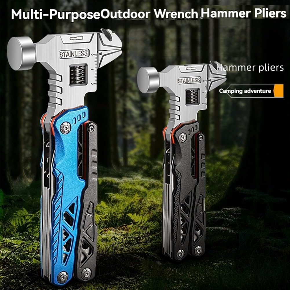 18 in 1 Multifunctional Wrench Hammer 60tools, Heavy Duty Stainless Steel Multitool Hammer with Adjustable Wrench & Pliers, Survival Kit and Camping Tools Gear,Practical Gift for Men Dad (Blue)