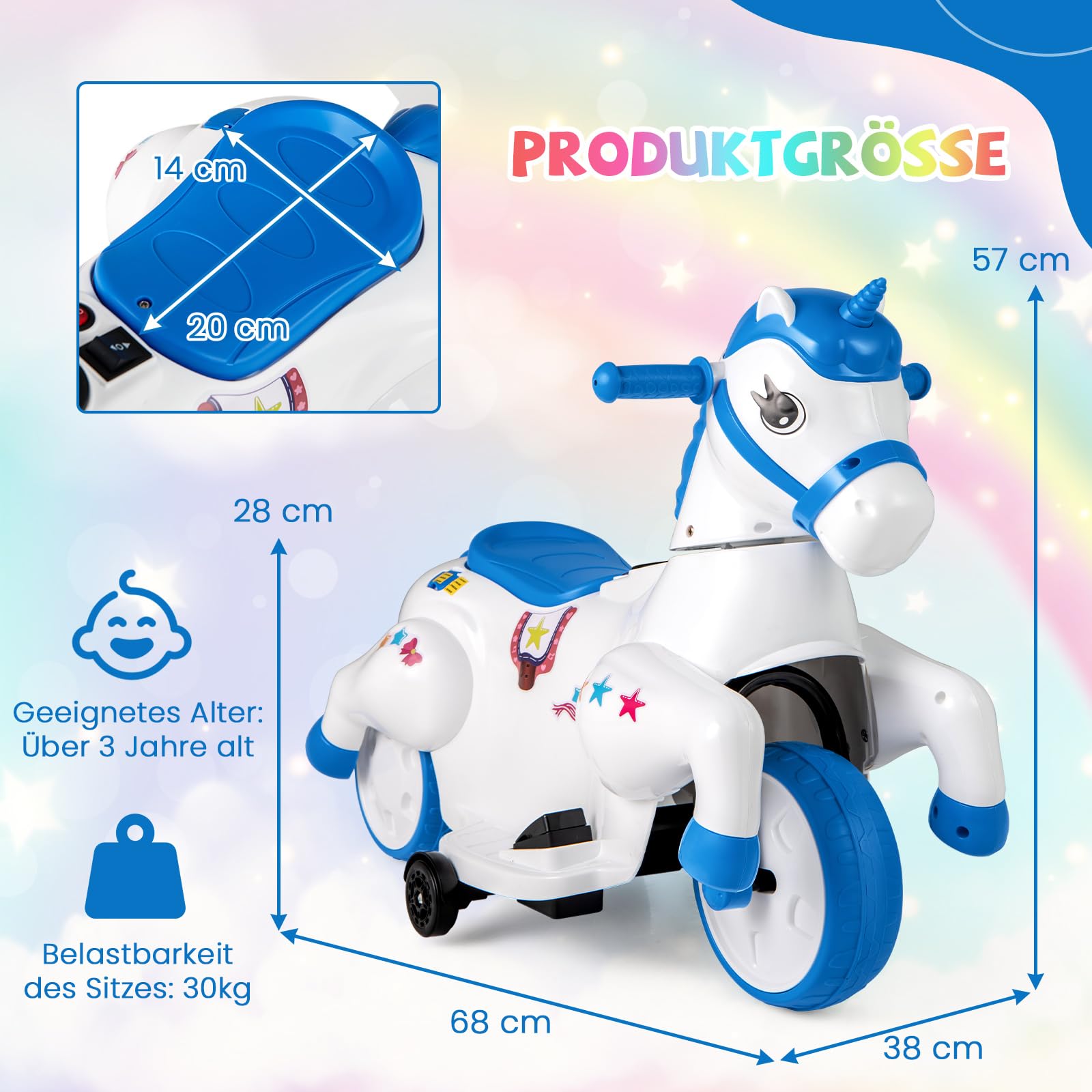 DREAMADE Kinder Elektroauto mit 2 Stützrädern, 3 km/h, Elektrisches Kinder Aufsitzauto mit Musik, Plüsch-Aufsitzspielzeug Kinderfahrzeug, Elektro Kinderauto für Kinder ab 3 Jahren (Blau)