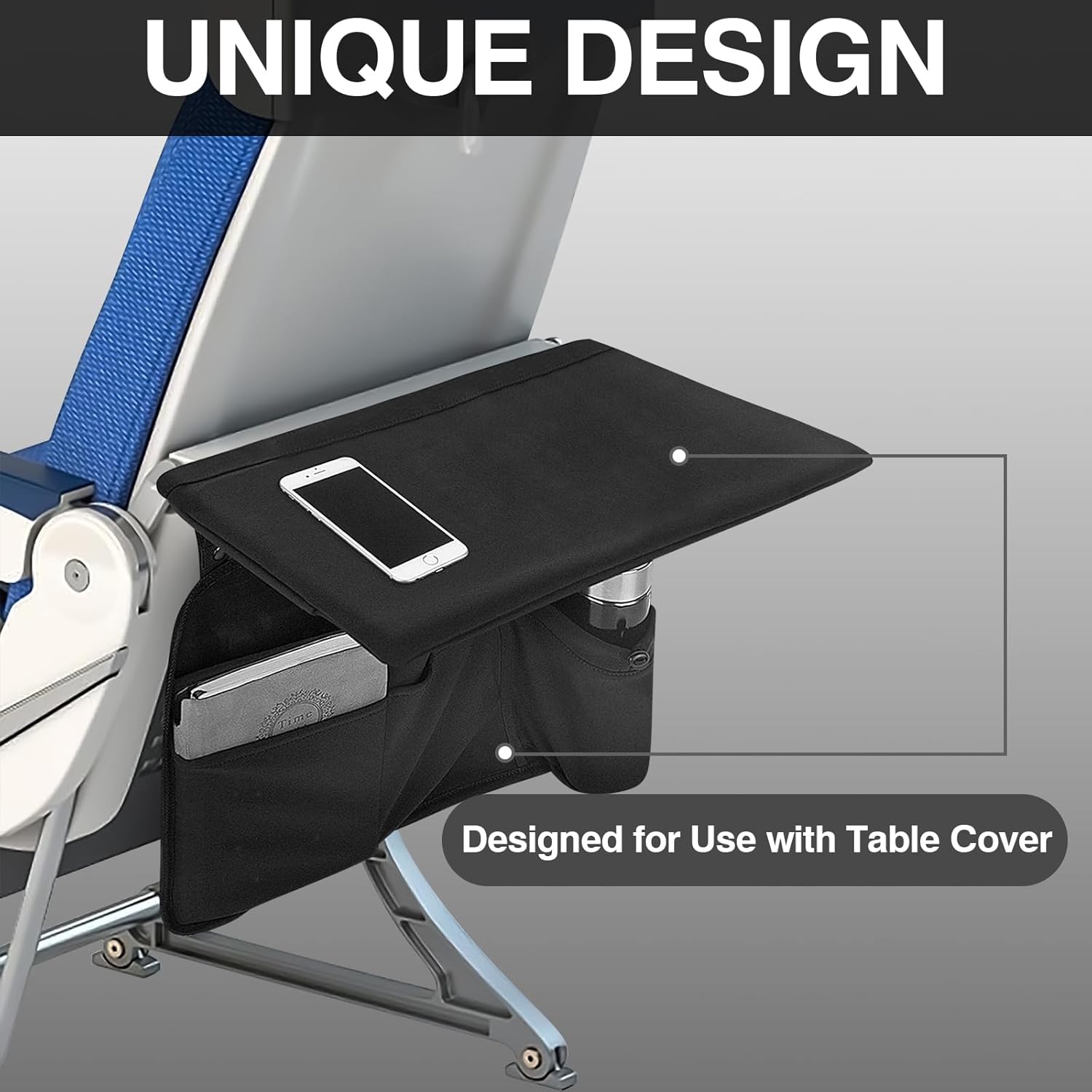 Airplane Tray Table Cover with Under Desk Attachment Set, Travel Tools for Seat Back Organize & Belongings Storage, Foldable Flight Organizer with Water Bottle Holder (Black) - Image 5