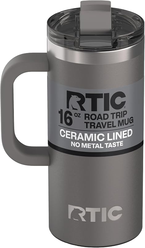 Taza de viaje RTIC de 16 oz con tapa y asa, forrada de cerámica, grafito | Taza de viaje aislada de metal de acero inoxidable para bebidas frías y calientes, café, auto, camping y viajes