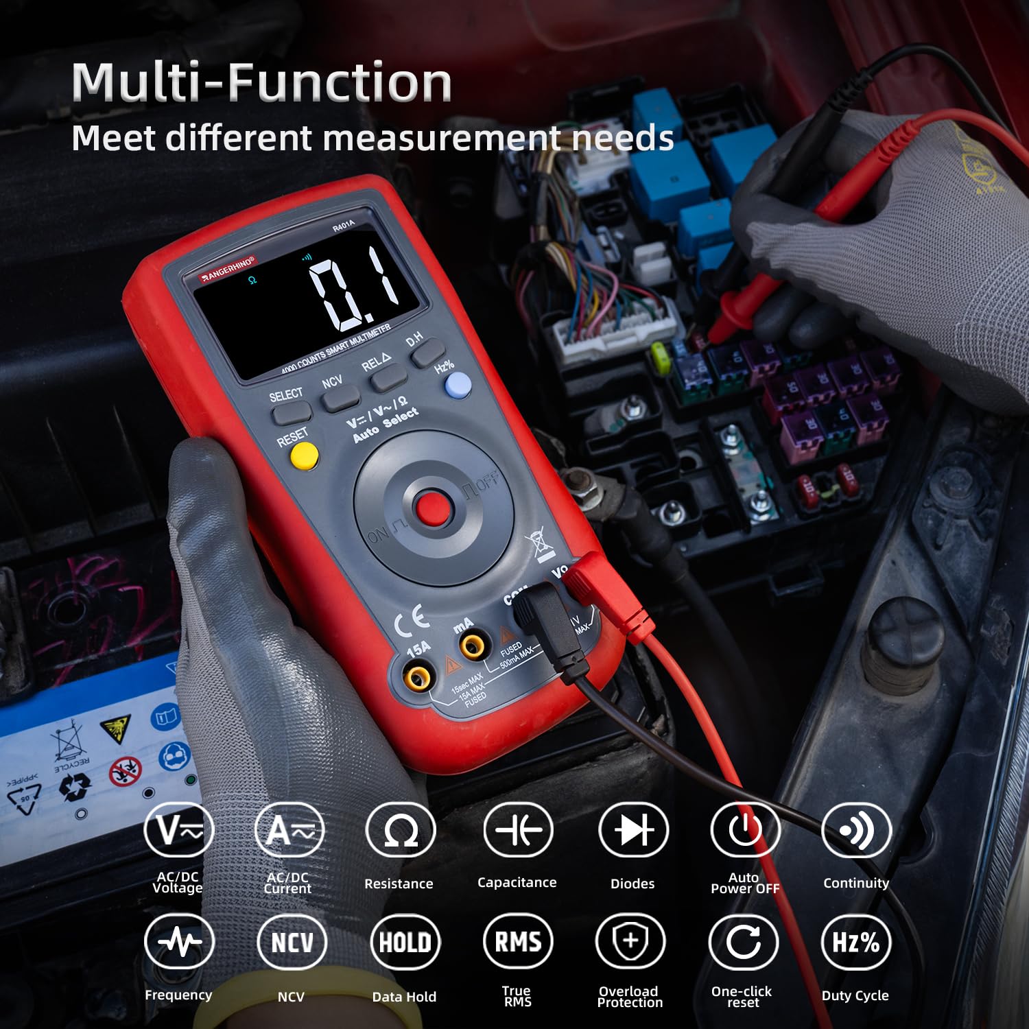 Digital Multimeter 4000 Counts, Auto-Ranging Ohmmeter Voltage Tester, DC/AC Voltmeter, Measures Voltage Current Resistance Diodes Continuity Capacitance with NCV Duty-Cycle Capacitance, Colour Display