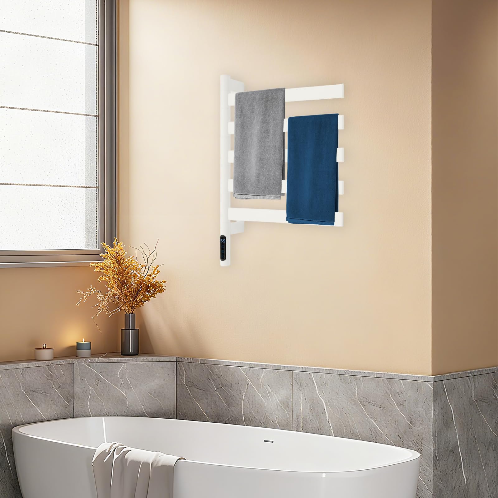 Weißer 5-stabiger Elektrischer Handtuchwärmer – Drehbar | Schnellheizung & Timer-Funktion | Ideal Für Badezimmer | Wellnessbereich & Gäste-WC – Stilvoll | Praktisch & Platzsparend