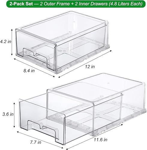 Miniatura 2 de Taiuloo Paquete de 2 contenedores organizadores apilables para refrigerador con cajón extraíble, contenedores transparentes sin BPA para