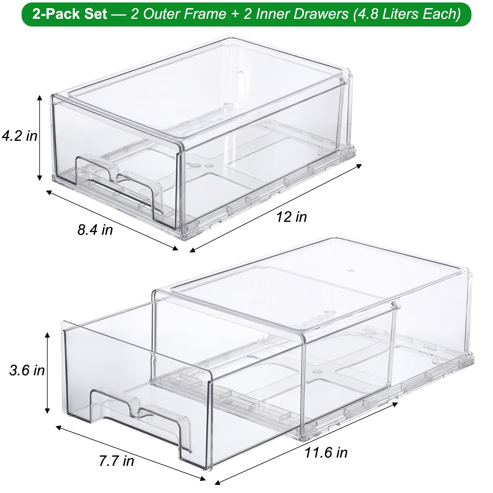Taiuloo Paquete de 2 cajones de refrigerador, contenedores organizadores transparentes para refrigerador con cajón extraíble, contenedores de almacenamiento de alimentos sin BPA, caja de