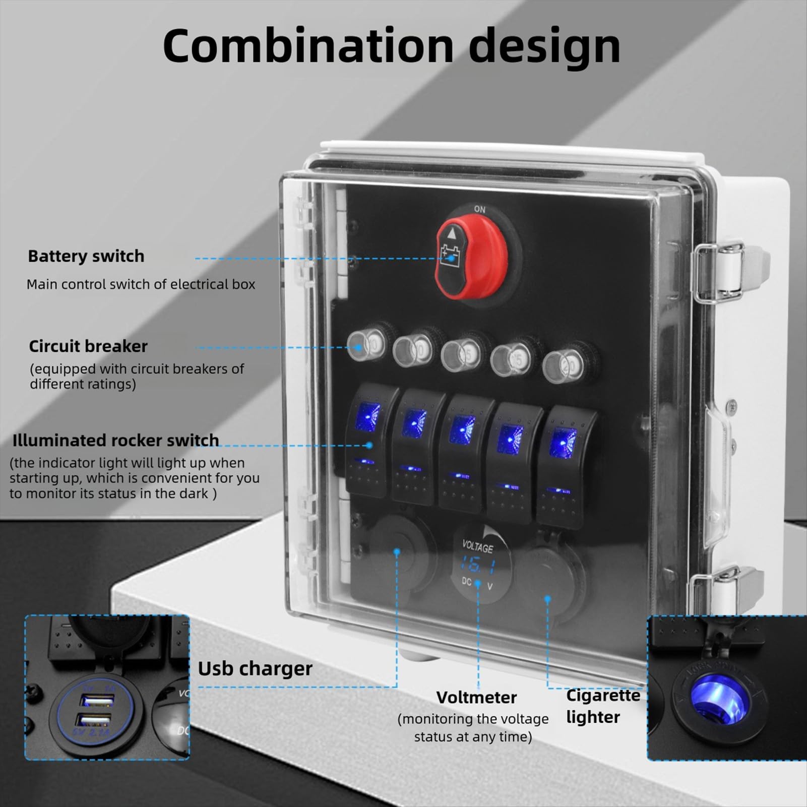 Schalterfeld 5-fach mit USB Ladegerät und Voltmeter, wasserdichte Schaltbox IP67, 3-Positions Kippschalter mit LED Anzeige für LKW Wohnmobil Boot Outdoor Camping