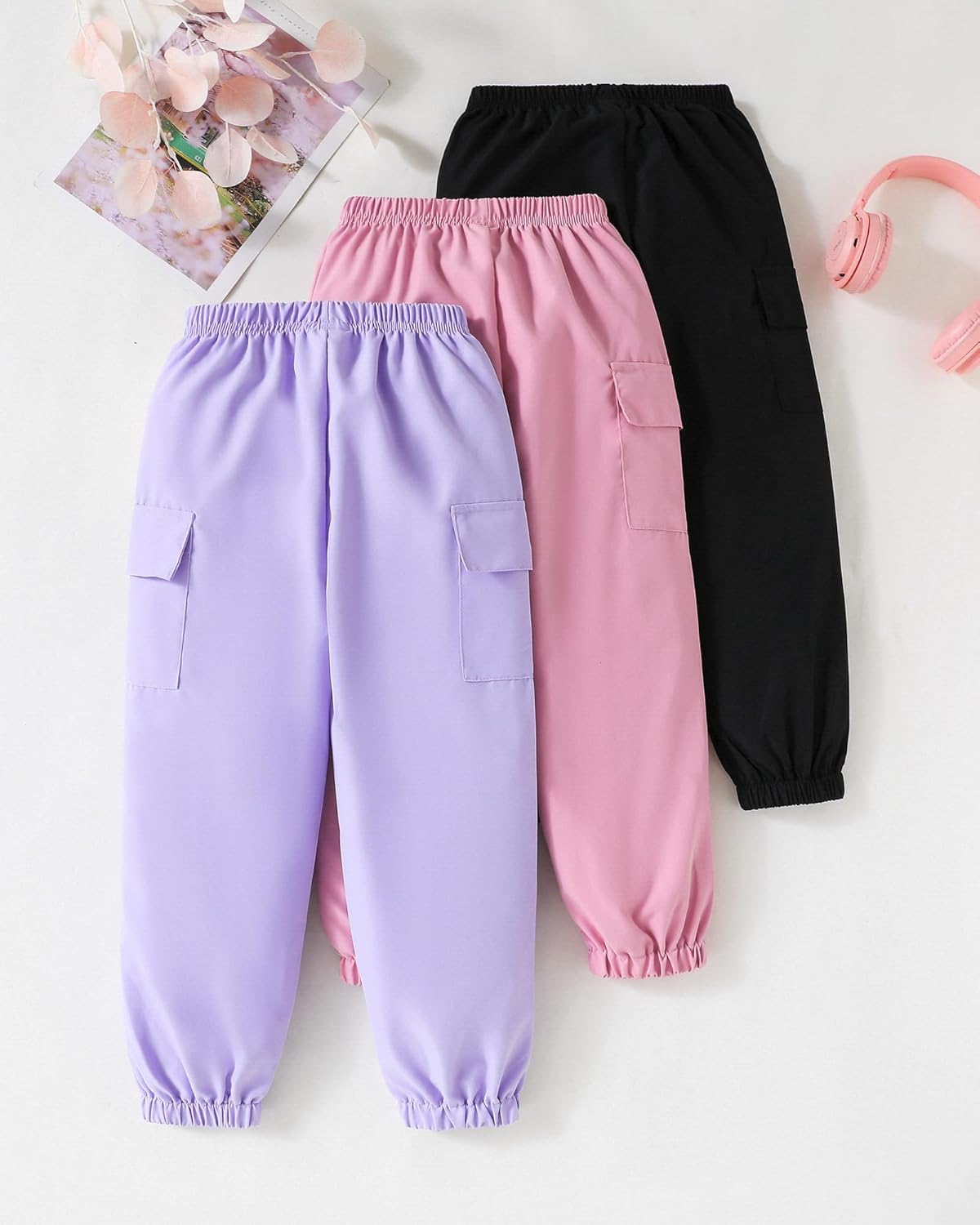 Girls Pants Kids 3-Pack Joggers Toddler Cargo Casual Elastic Waist Pants for Girls 4T 5T Size 6 7 8 - Image 5