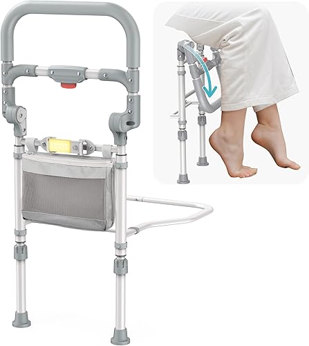 inkolelo Rieles de cama para adultos mayores, riel de asistencia lateral plegable de seguridad para personas mayores con luz con sensor de