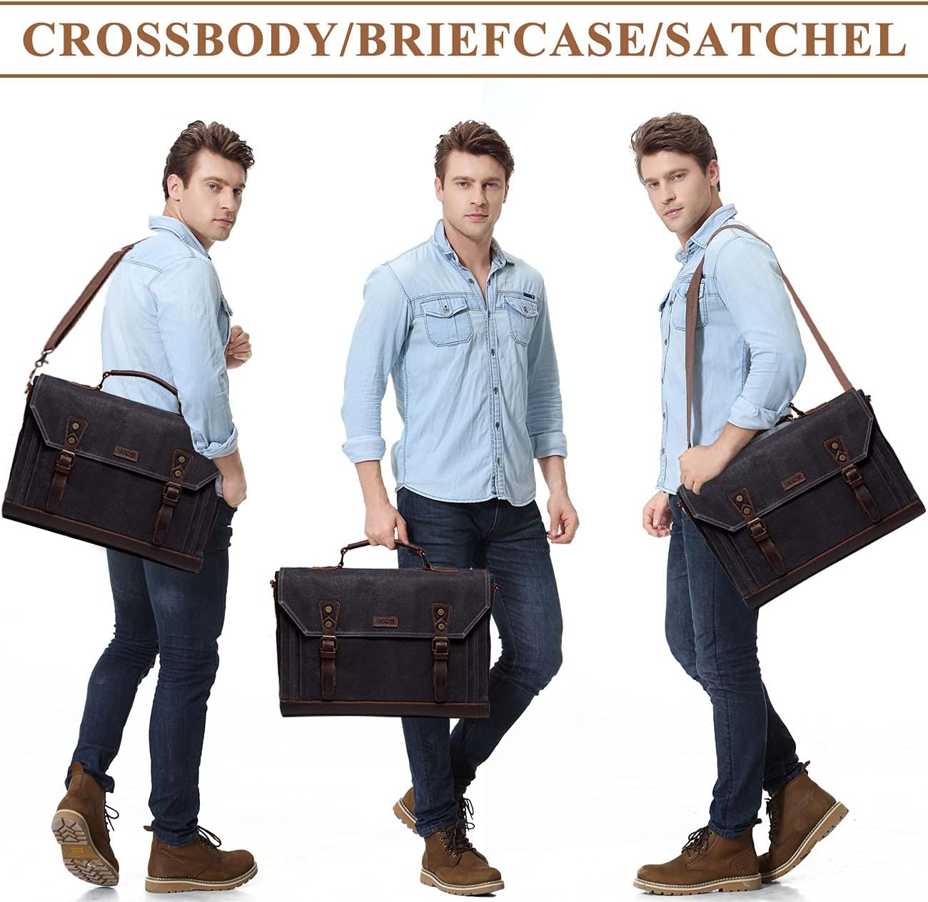 Messenger Bag for Men,Vintage Canvas Leather Canvas Laptop Satchel Shoulder Bag Business Briefcase - Image 9
