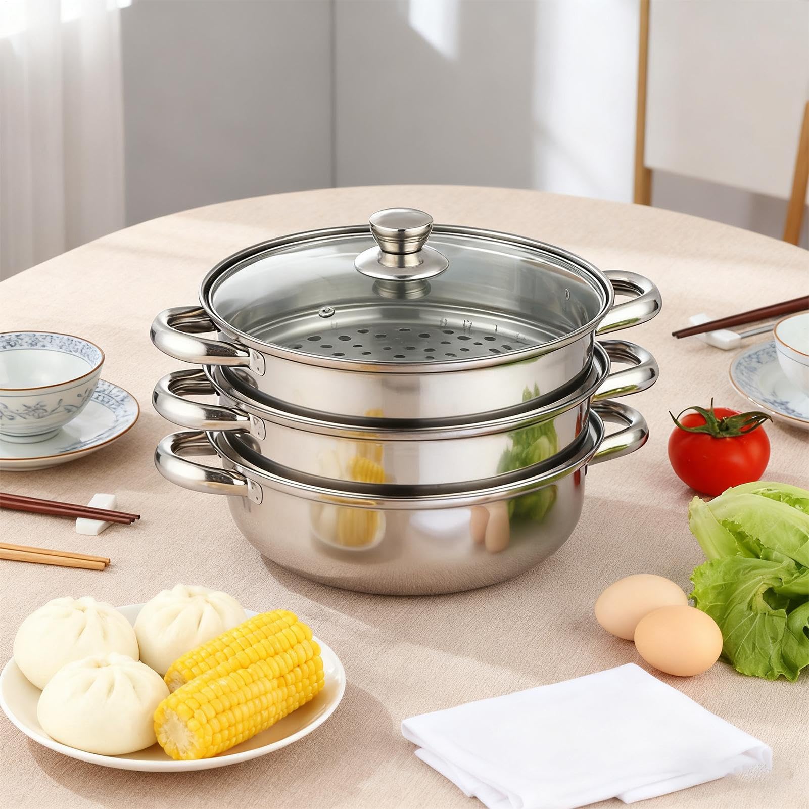 Pot à induction empilable – Ensemble de marmites vapeur en acier | inoxydable à plusieurs niveaux, récipient de cuisson avec couvercle | Équipement culinaire pour raviolis, poisson, légumes, r