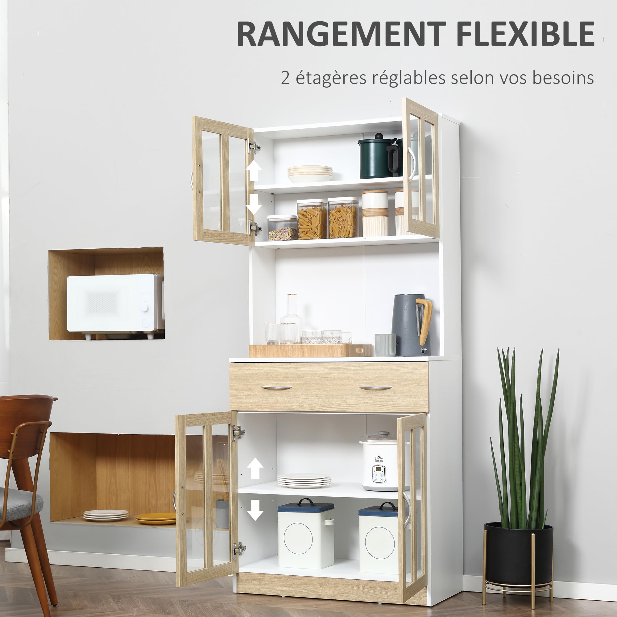 HOMCOM Buffet Haut de Cuisine Multi-Rangement Blanc Aspect chêne Clair