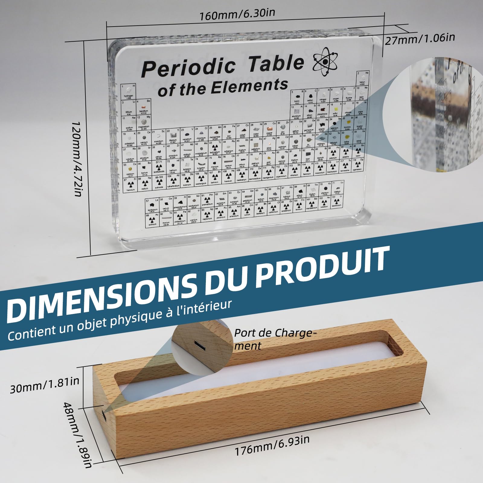 Lampe de Bureau Tableau Périodique LED avec 83 Échantillons d'Éléments Réels Décoration Scientifique en Acryl pour Bureau et Chambre d'enfant Cadeau Éducatif STIM Idéal pour Élèves et Étudiants