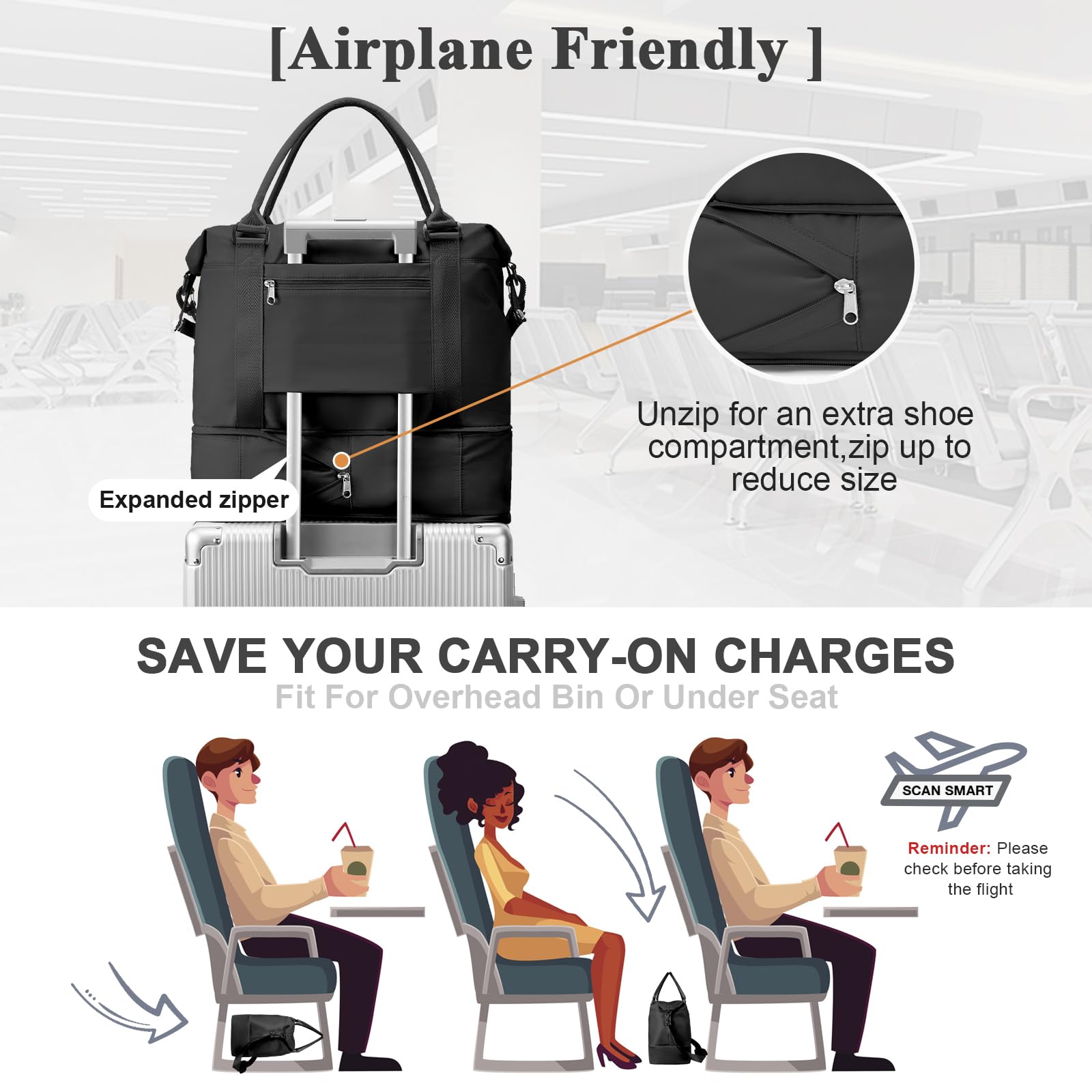 Borsone da Viaggio Donna, 40x20x25 Ryanair Bagaglio a Mano Borsa da Viaggio con Scomparto per le Scarpe, Borsa Sportiva Borsone da Palestra Grande, Borsa da Weekend,Borsa per Ospedale,F1-Nero