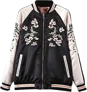 Women's Floral Phoenix Embroidered Reversible Baseball Bomber Jacket Black Pink - Buy now