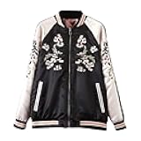Flygo Women's Floral Phoenix Embroidered Reversible Baseball Bomber Jacket Black Pink