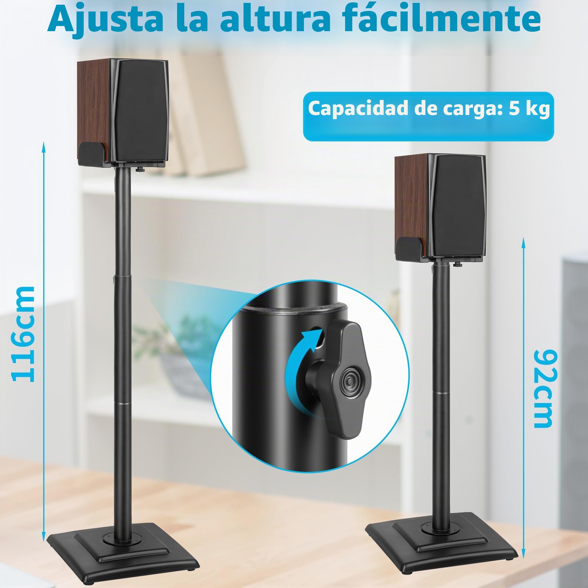 OUUTMEE Soportes de altavoz de altura ajustable 1 par, soporte de pie con bandeja ajustable para altavoces universales de satélite y estantería, soporte de pie para altavoces de estantería de hasta 5
