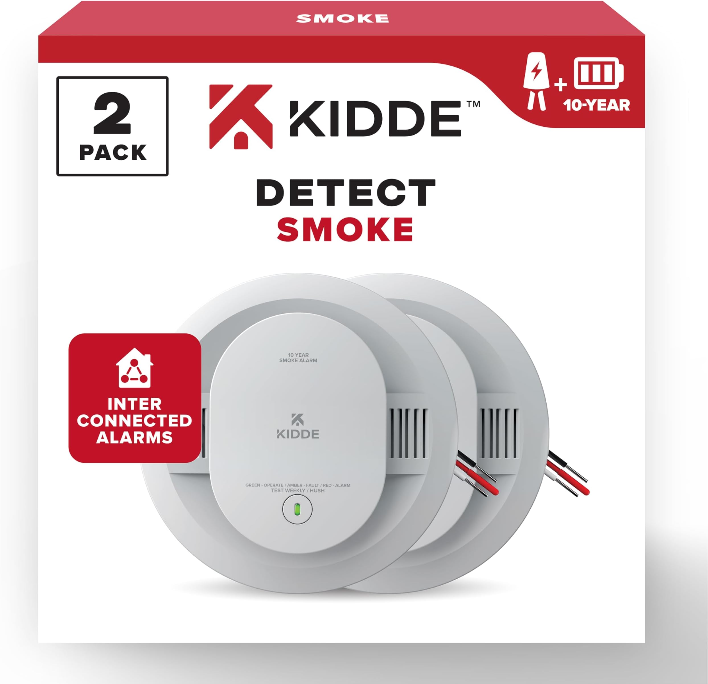 Kidde Smoke Detector, Hardwired with 10-Year Battery Backup, Interconnectable, LED Status Lights, 85 dB Alarm, 5-inches, 20SA10, 2 Pack