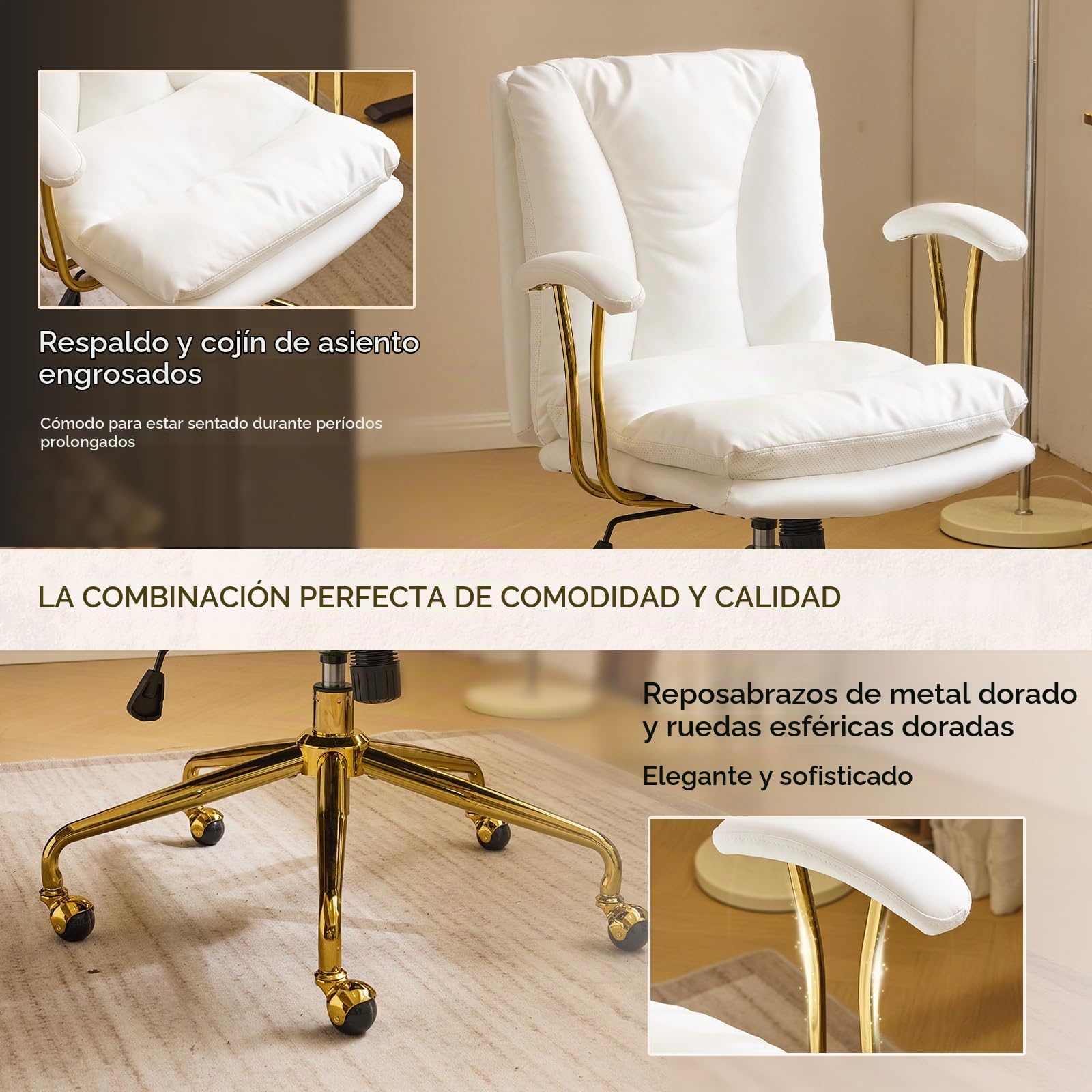 Bonnlo Silla de Escritorio, Silla ergonómica con reposabrazos, Silla ejecutiva, Silla giratoria, Regulable en Altura y Función de Inclinación, Oficina en Casa, Cuero PU, Blanco