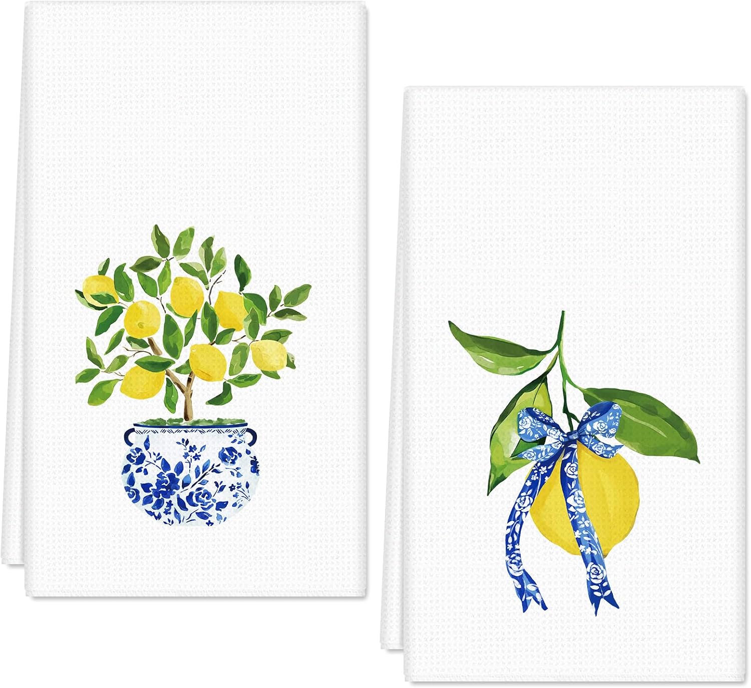 FYSUIMU Lemon Kitchen Dish Towel 18 x 28 Inch Blue Yellow Lemon Dishcloth Spring Summer Decorative Hand Drying Tea Towel for Seasonal Cooking Baking Cleaning, 2 Pcs