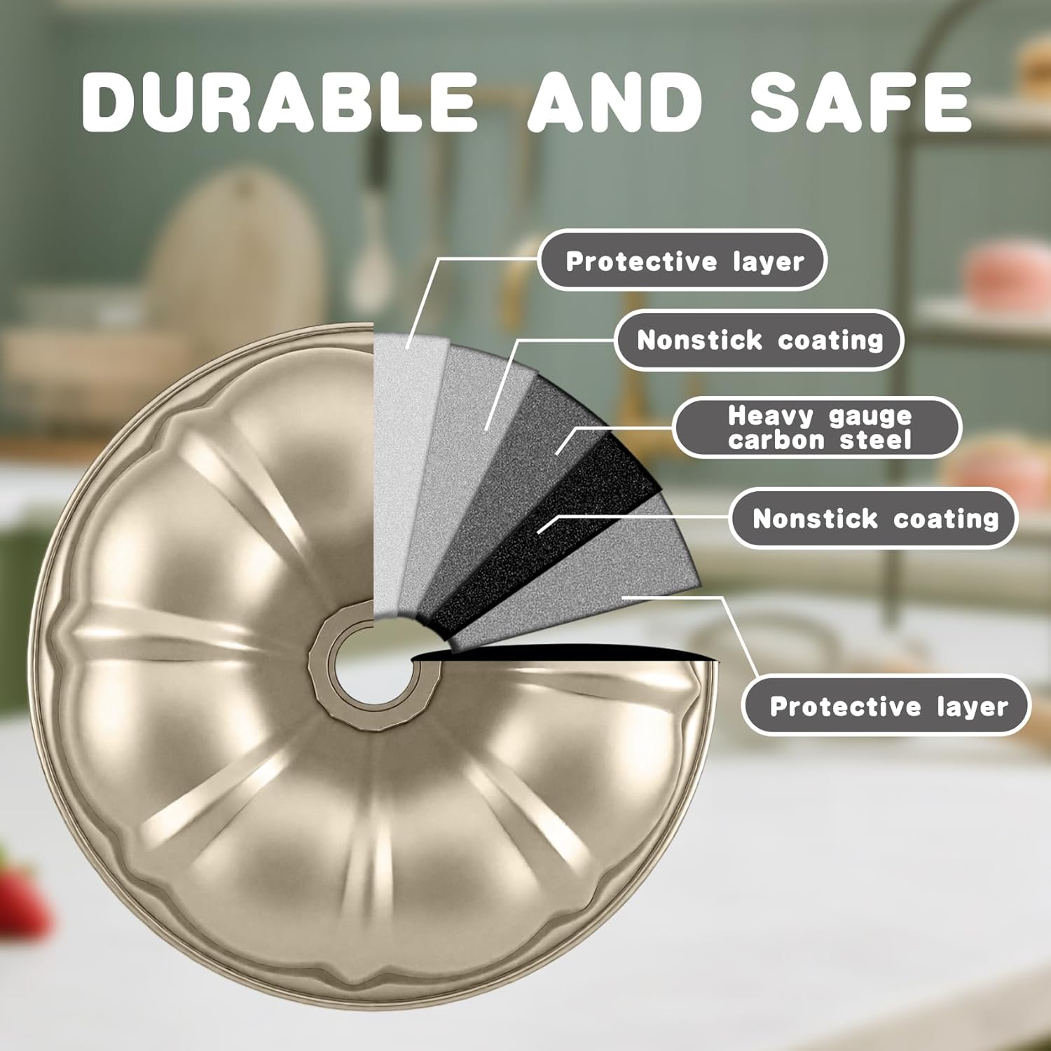 10 Inch Cake Pan, Nonstick Round Fluted Tube Cake Baking Pan, Buntz Pound Cake Mold,Tube Bakeware,Baking Mold for Jello/Gelatin/Chocoflan/Flan, Non Toxic, Easy Clean - Gold - Image 4