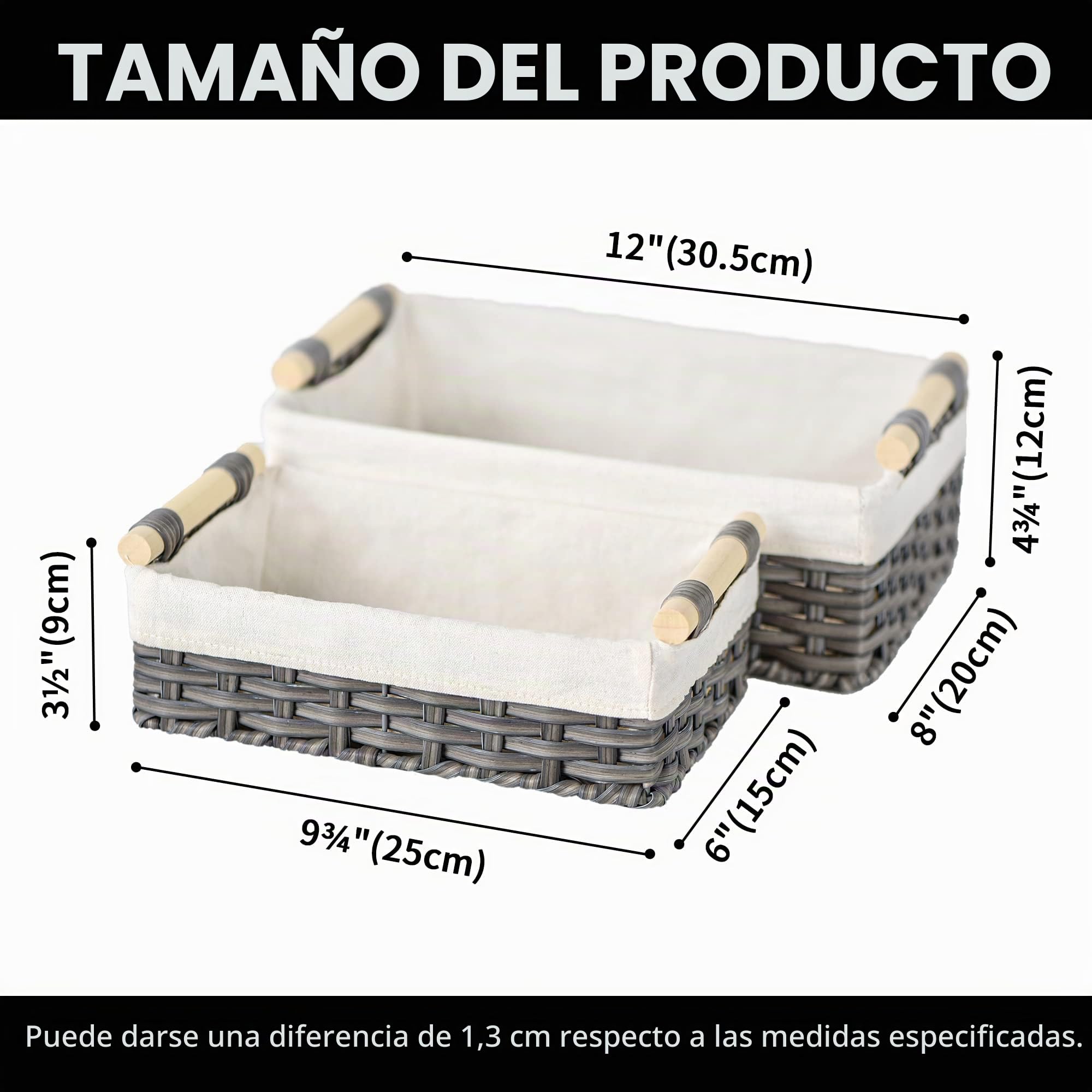 GRANNY SAYS Cestas de Mimbre, Juego de 2 Cestas de Almacenaje Decorativas para Estantes, Cestas para Papel Higiénico, Cestas de Almacenaje Tejidas Grises con Asas de Madera