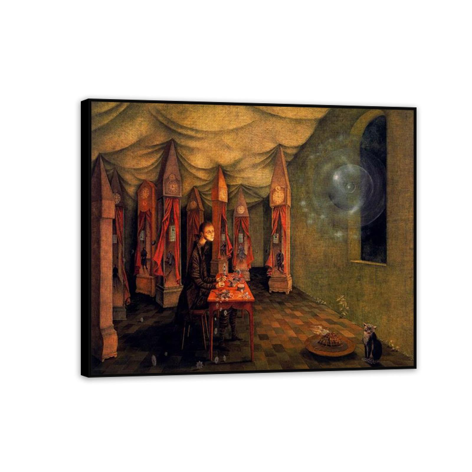 MYCGGDGH Remedios Varo Canvas Wall Art Reproductions of Famous Paintings Revelation The watch Surrealist Canvas Painting Wall Decor for Living Room Bedroom Home Decor 80x60cm(32x24in) Black Framed