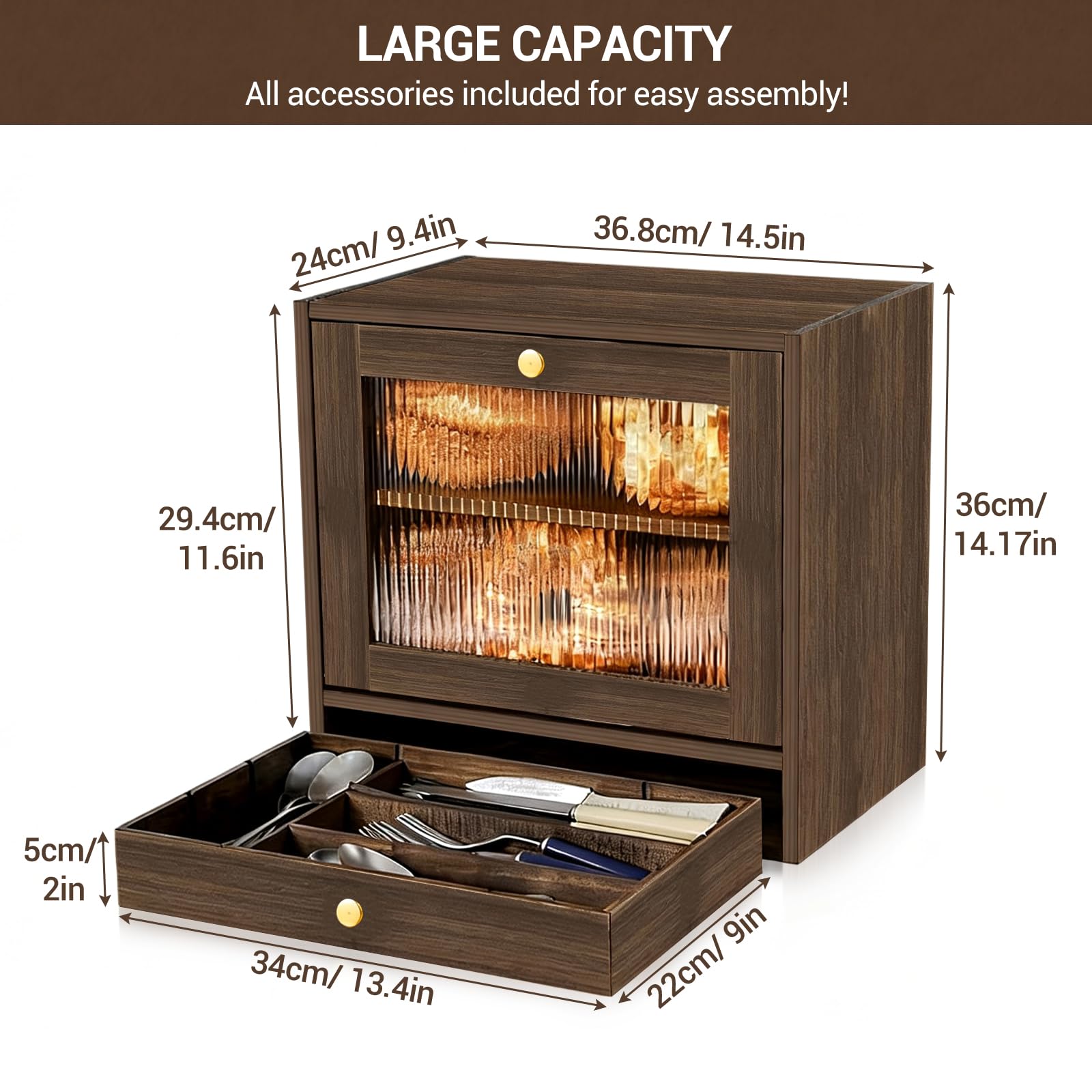 GarveeHome Brotkasten Holz, 36,8 x 24 x 36 cm Groß Brotbox mit Schublade zur Aufbewahrung von Geschirr, Küche Brotaufbewahrung mit Acrylglasfenster für Brot Längere Frische & Einfache Pflege