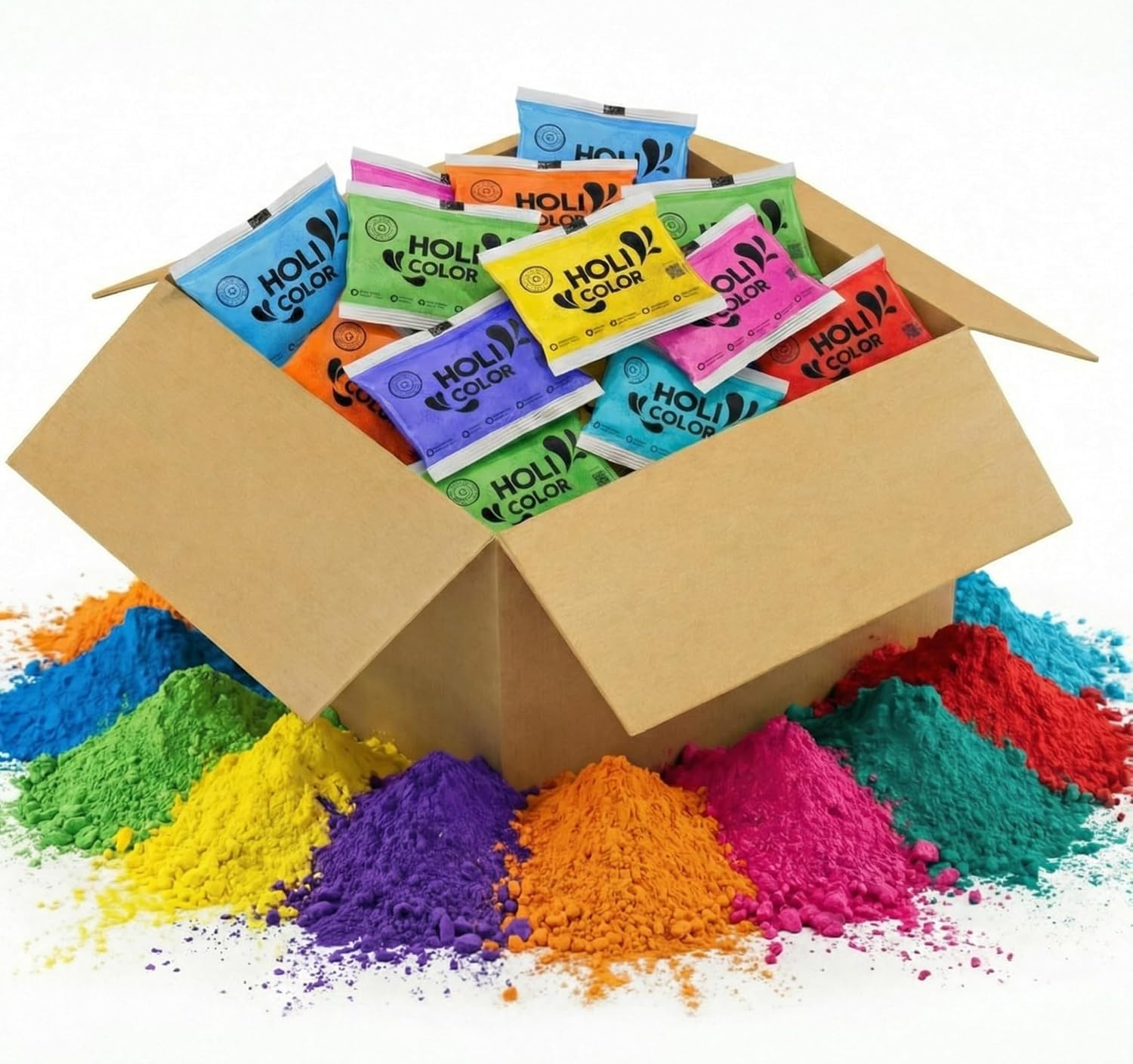 Holi Color Polvere - Pacco da 107 borse - 6 Colori Diversi - Polvere Colorata per Feste Holi e Color Party