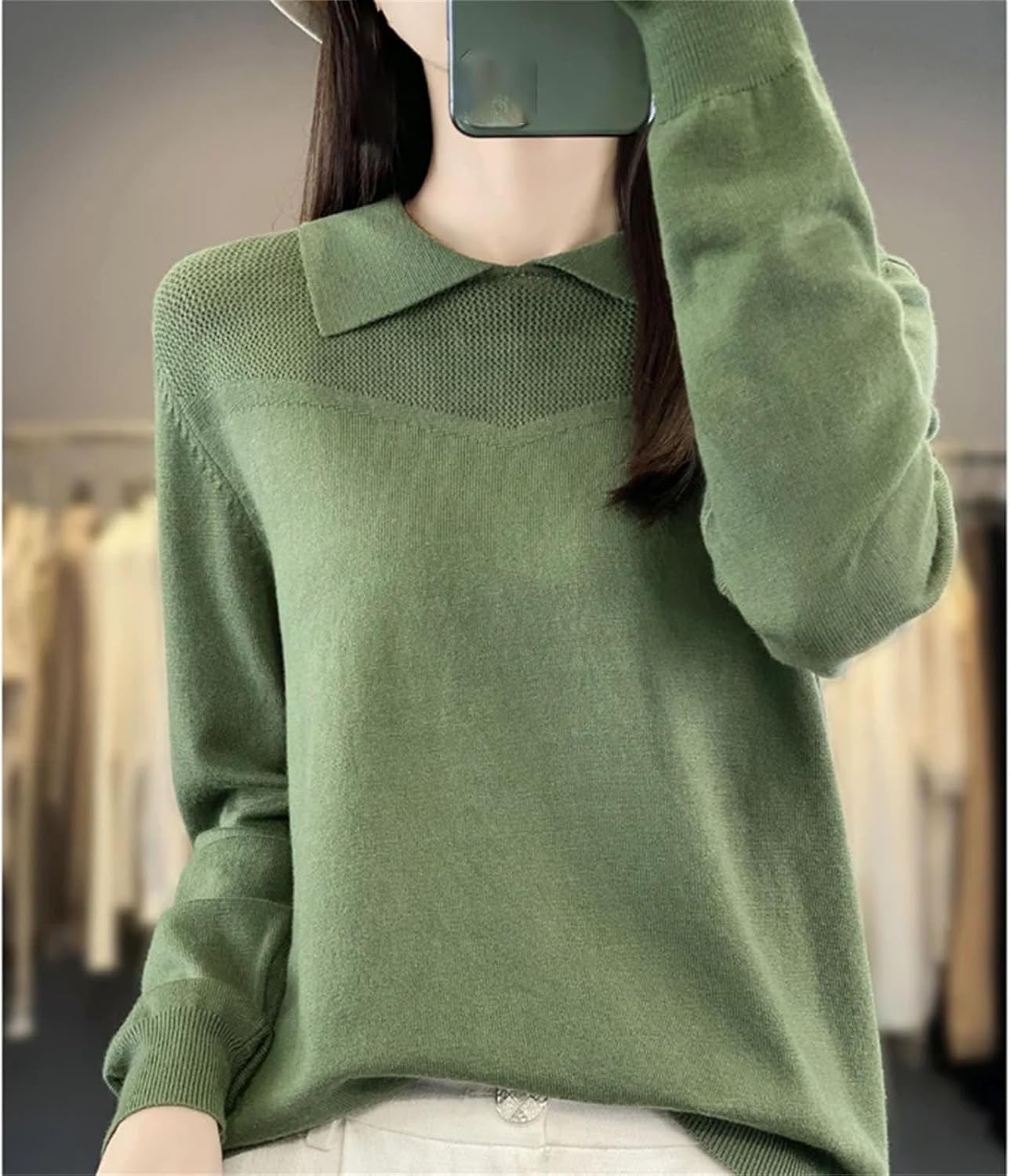 Women's Knitted Collared Sweaters Long Sleeve V-Neck Polo Shirts Winter Pullover Tops