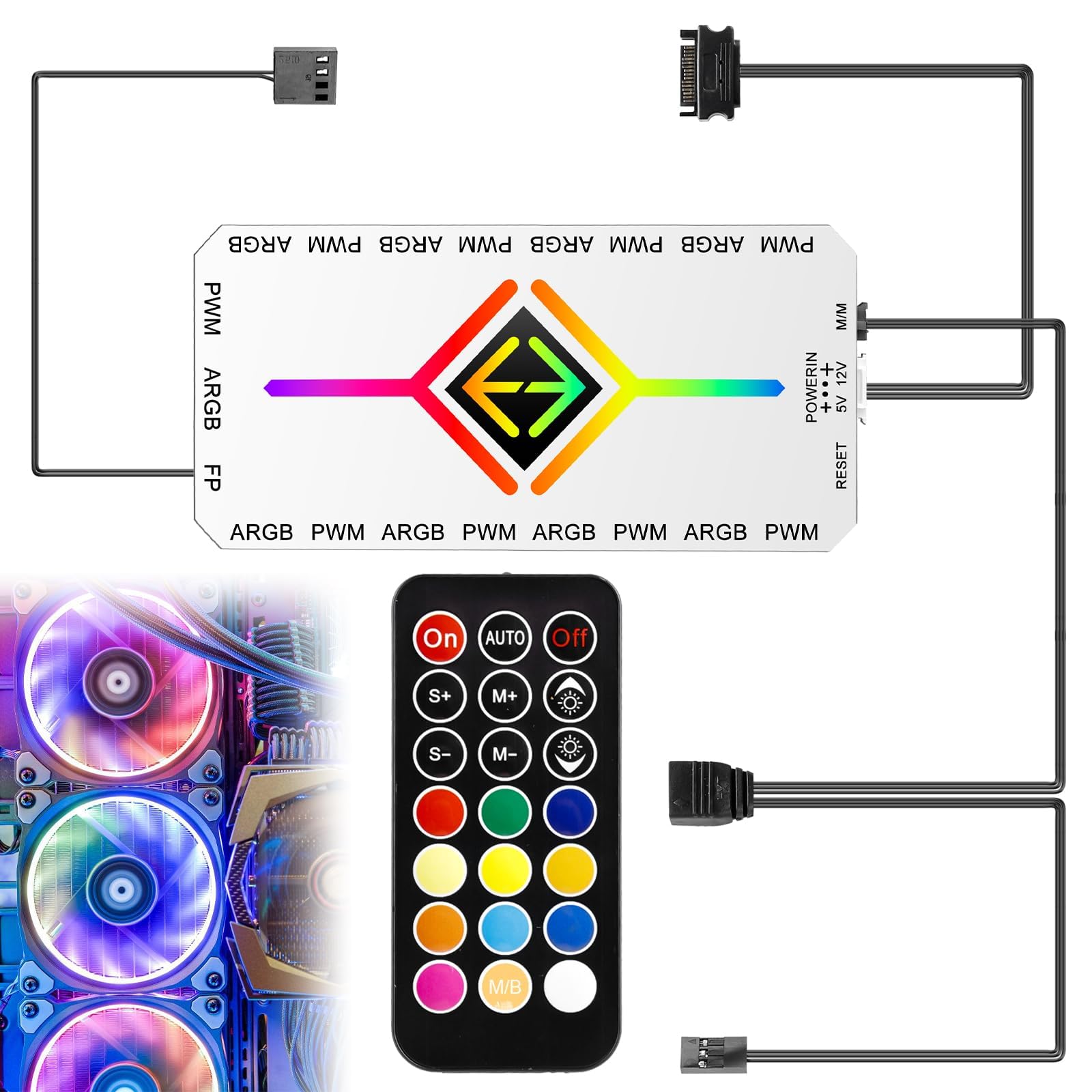 ARGB PWM Hub wentylatora 2 w 1 z kontrolerem, 9 x 4-pinowe złącza PWM, ARGB 5 V, 3-pinowe, obudowa RGB, podstawa magnetyczna i 18-portowy zasilacz SATA