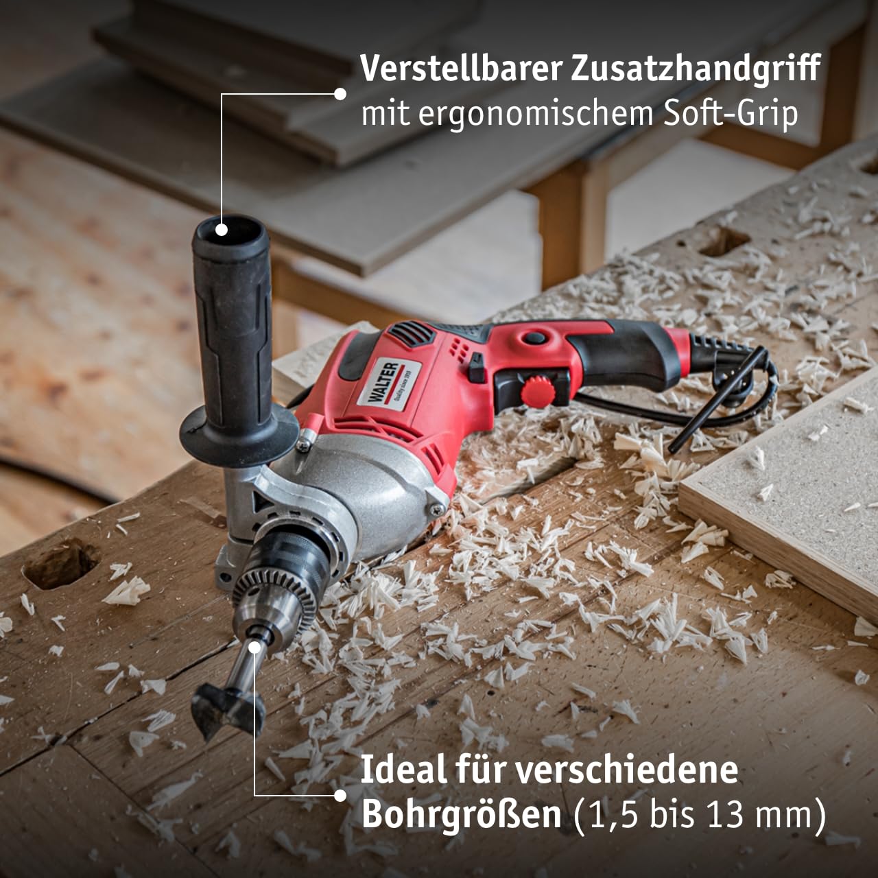 WALTER Schlagbohrmaschine (910 Watt, elektr. Drehzahlregelung, mit zweiten Handgriff, Tiefenanschlag, max. Bohr-Ø: Holz: 25 mm, Beton: 16 mm, Metall: 13 mm)