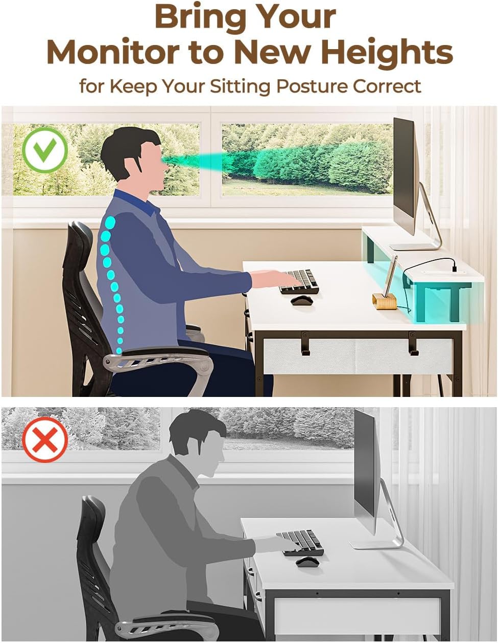 Rolanstar Computer Desk with Power Outlets & LED Light, 47 inch Home Office Desk with Drawers and Storage Shelves, Writing Desk with Monitor Stand, Modern Work Study Desk for Home Office,White - Image 7