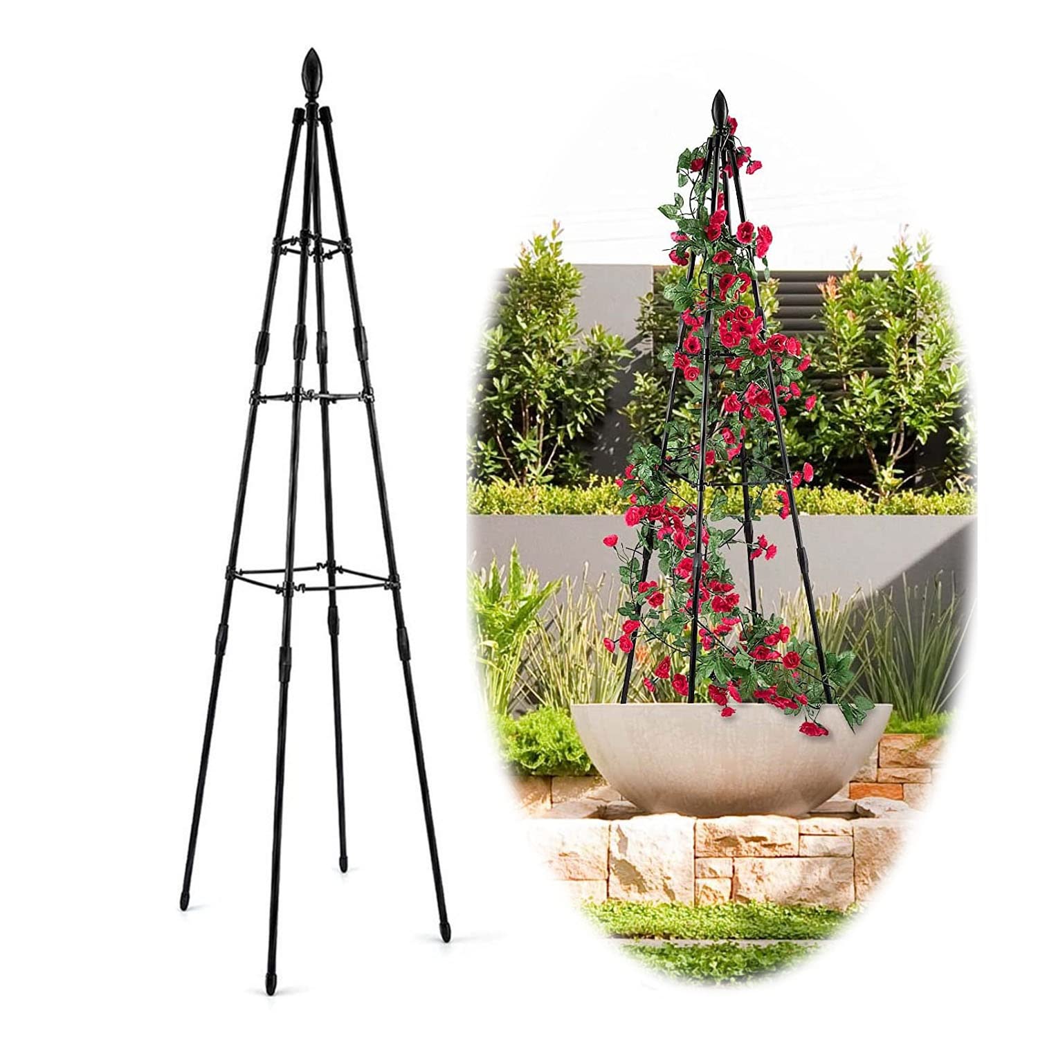 Obelisk ogrodowy wieżowy Metalobelisk, kratka wsporcza pokryta plastikiem, do pnączy, stojaki na kwiaty, do roślin doniczkowych, 80 cm/31,5 cala, 120 cm/47 cali, 160 cm/63 cale, czarna kratk