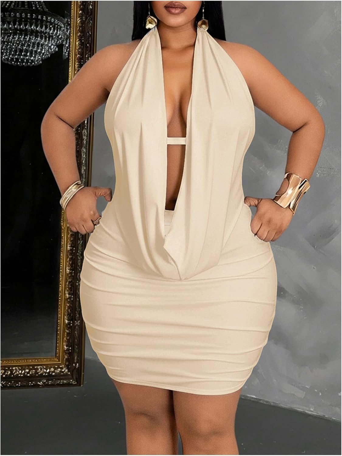 Floerns Women's Plus Size Going Out Halter Dress Deep V Cowl Neck Date Night Bodycon Mini Dresses - Image 3