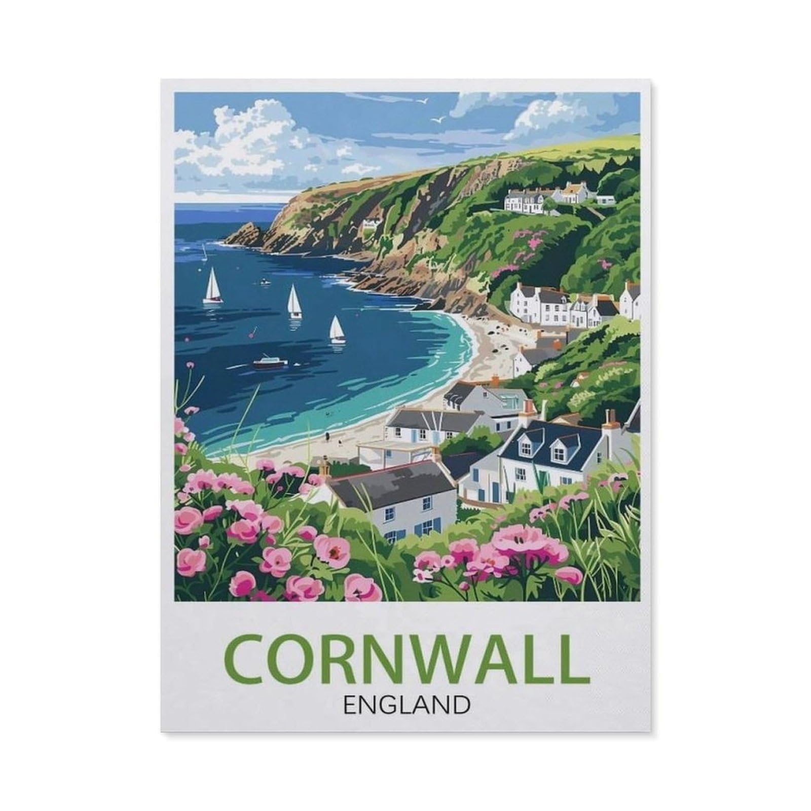 BEAYODKP Paint by Numbers for Adults, Cornwall England Vintage Travel Poster, Canvas Adults' Paint by Number Kit (40x50cm-AM72)