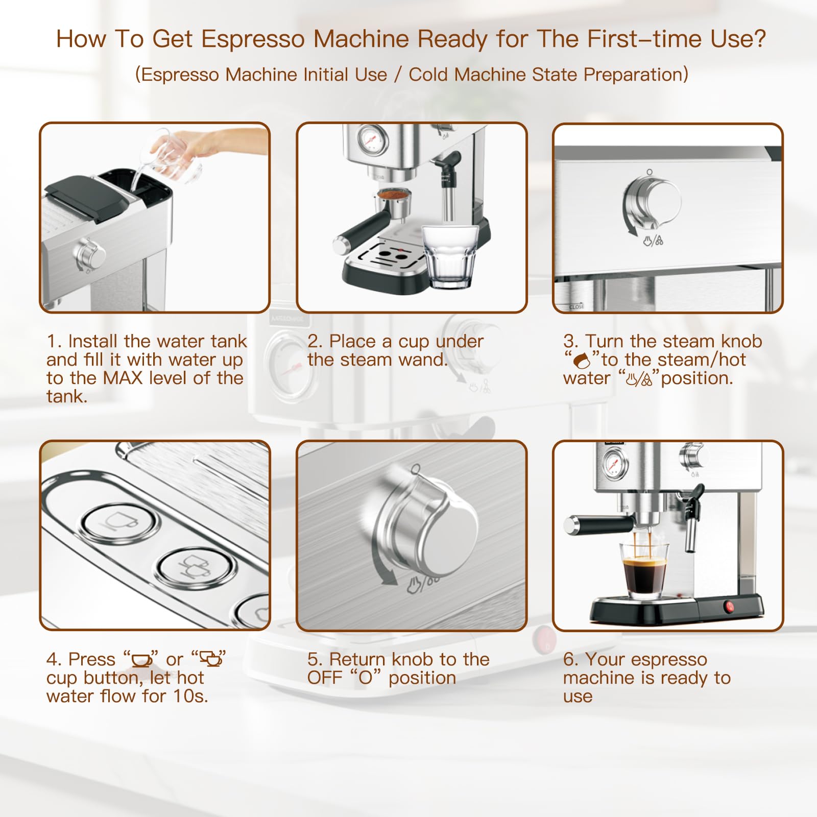 MEGAWISE Cafetera espresso de 20 bares, compacta de acero inoxidable con espumador de leche de vapor y depósito de agua extraíble para capuchino, latte, color plateado